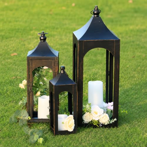 Decorative Lanterns Set of 3 - Bronze Outdoor Metal Candle Holders with LED Candles