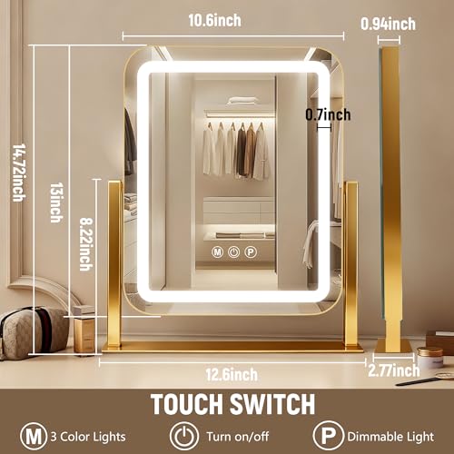 Gold Vanity Mirror with Lights 15"¡¿13", Led Makeup Mirror, Lighted Makeup Mirror with 3 Color Dimmable Lights, Smart Touch Screen Control, 360¡ÆRotation
