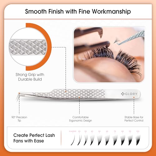 Glory 90 Degree Angle Lash Tweezers for Eyelash Extensions ? Precision Fiber Tip Diamond Grip Stainless Steel Lash Tool for Mega Volume, Classic & Professional Lash Tech Supplies