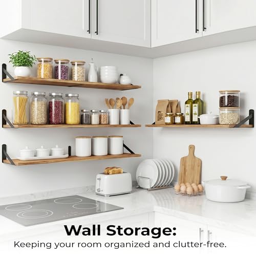 47 Inch Set of 4 Long Floating Wall Shelves - Black Wood Book Storage