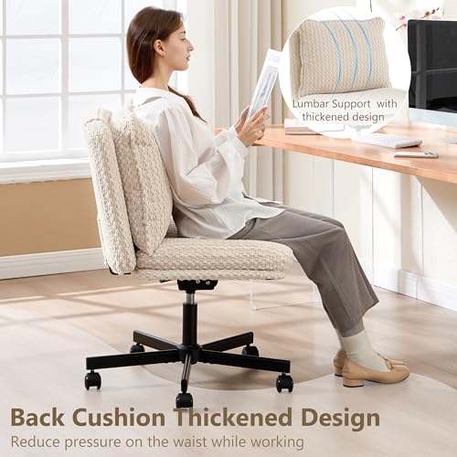 Fizzin Beige Cross Cross Chair with Memory Foam Cushions & Wheels, Armless Home Office Seating