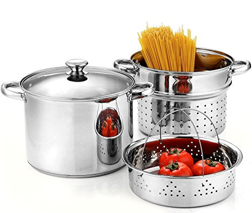 8 Quart Stainless Steel Pasta Pot with Strainer Lid - 3-in-1 Cooking Set