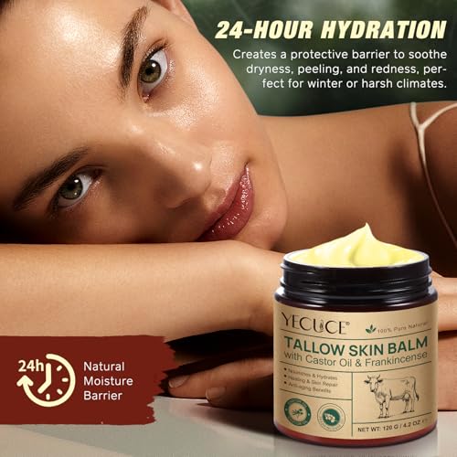 Tallow Skin Balm with Castor Oil & Frankincense, Moisturizing Balm for Face & Body, Helps Support Skin Moisture Barrier