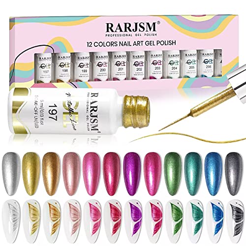 Metallic Nail Art Gel Liner Set - 12 Colors, Glitter & Painted Designs, 5ml
