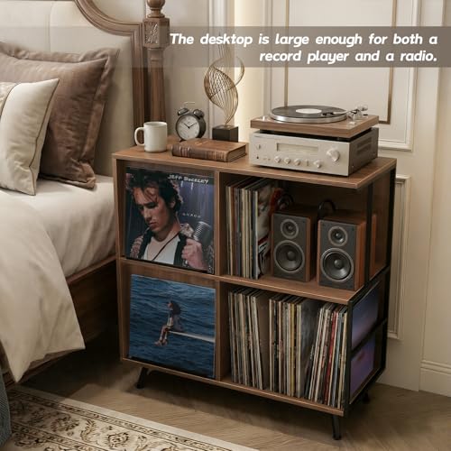 Walnut 3-Tier Record Player Stand with Flip-Down Vinyl Shelf - Faesun