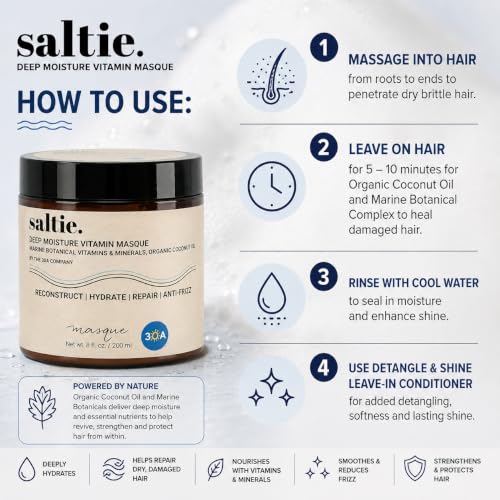 Saltie BY 30A Deep Conditioning Hair Treatment Mask with Organic Coconut Oil - Repairs Damage, Frizz Control, Moisturizes, Silicone-Free - 8oz