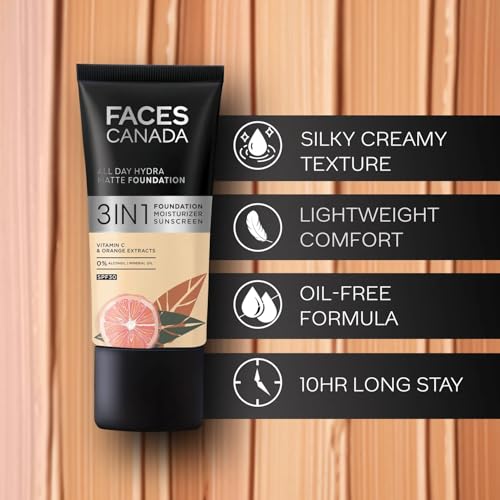 FACESCANADA All Day Hydra Matte Foundation with SPF 30 - Absolute Ivory | 3-in-1 Foundation Moisturizer Sunscreen | Oil Free with Vitamin C | 0.85 Fl oz (25ml)