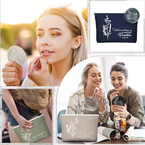 Fumete 4 Sets Christian Gift for Women Sunday School Teacher Valentines Makeup Bag Flower Bible Verse Coffee Cup with Bamboo Lid Straw Pastor Wife Mini Compact Mirror Religious Church Gift (Bible-b)