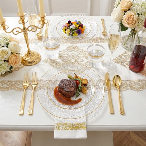 Rubtlamp Clear Gold Hammered Plastic Plates Set - Disposable Dinnerware for Parties