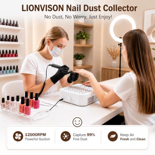 Nail Dust Collector for Acrylic - White, 12000RPM Quiet Suction & 3 Speed Modes