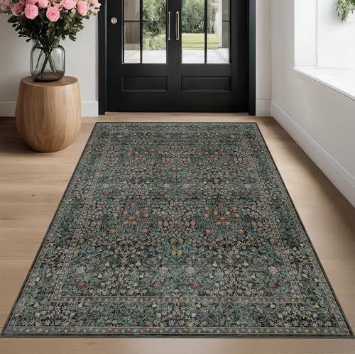 Dark Green & Black Floral Indoor Rug 5x7 Vintage Boho Non-Slip Washable Mat