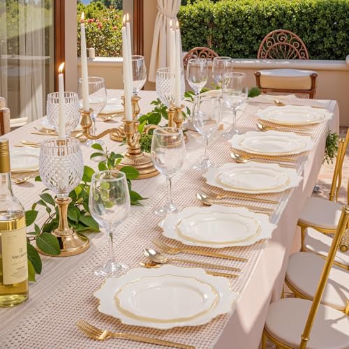 Ivory Plastic Plates with Gold Rim - 200pcs Disposable Dinner & Dessert Plates - Variation of Ivory / 200