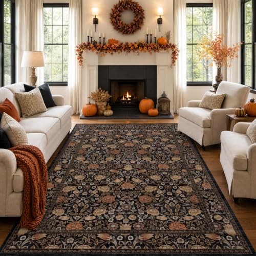 GarveeHome Dark Brown Floral Area Rug 8x10 for Living Room & Bedroom - Non-Slip, Machine Washable