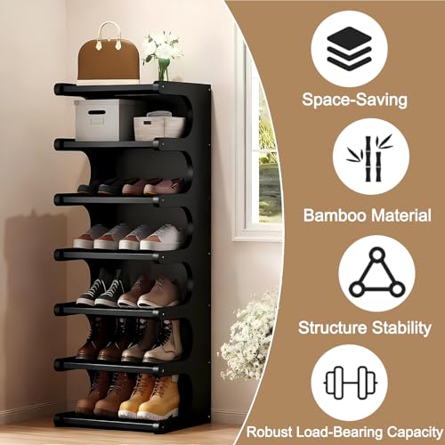 Black 7-Tier Vertical Bamboo Shoe Rack Organizer for Small Spaces