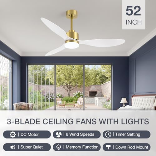 Breezary 52-Inch Gold & White Ceiling Fan with Lights and Remote, Reversible Blades, Quiet DC Motor for Large Rooms