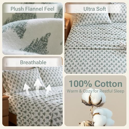 Queen Flannel Sheet Set with Ikat Tree Pattern - Cozy 100% Cotton Bedding
