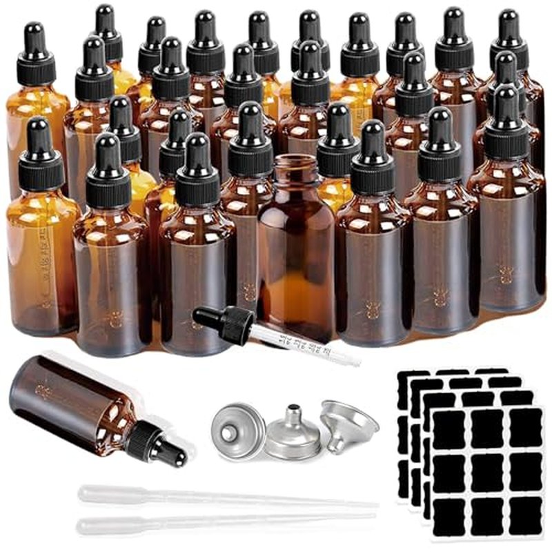 28Pack 2oz Tincture Bottles With Dropper Amber Glass Dropper Bottle with Measured Eye Dropper Funnels,Labels,60ml Empty Bottle Brown for Homemade Vanilla Essential Oil,Tincture,Serum,Liquids