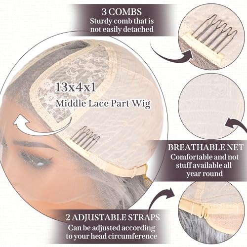 Grey 26 Inch Long Wavy Synthetic Lace Front Wig for Women - Natural Look, Pre-Plucked, Glueless, HD T-Part