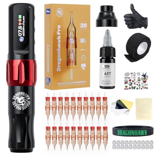 Dragonhawk Atom2 Wireless Tattoo Machine Kit - Red with 1 Battery, Lightweight 3.8oz