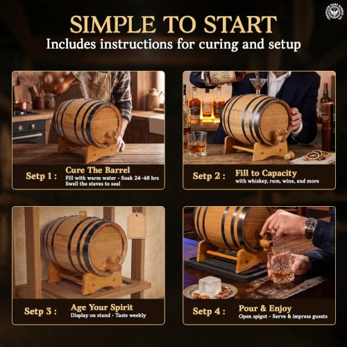1L Charred American Oak Aging Barrel with Stand, Spigot & Bung for Whisky Bourbon