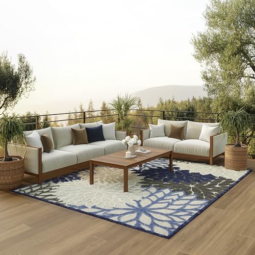 Outdoor Indoor Floral Area Rug 6x9 Blue Multicolor Non-Shedding Textured
