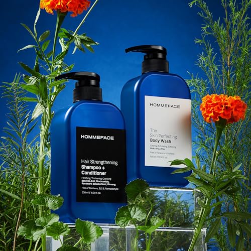 HOMMEFACE Men¡¯s Triple Action Shower Kit - 2 Piece Set with 2-in-1 Hair Strengthening Shampoo + Conditioner & Body Wash with Pump - Korean Skincare Technology for Body Acne and Scalp Health