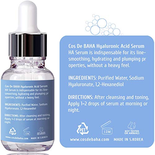Cos De BAHA Hyaluronic Serum 1 Fl Oz ? Pure Sodium Hyaluronate 10,000 ppm Hydrating Face Serum for Dry & Dehydrated Skin ? Lightweight Fragrance-Free Korean Skincare Formula (30 ml)