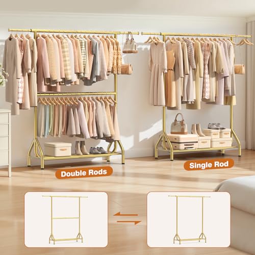 Heavy Duty Gold Clothing Rack with Double Rod & Shelves, 622 lbs Capacity, 82.68 Inch Tall Garment Organizer
