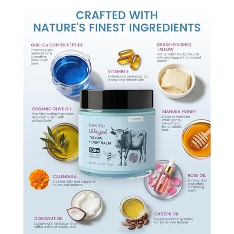 25,000ppm GHK-Cu Copper Peptides Whipped Beef Tallow for Skin, Grass Fed Tallow and Honey Balm with Manuka Honey & Vitamin E, High Potency Tallow Face Moisturizer for Firming & Repair 4oz