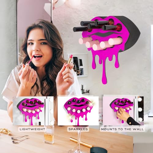 MAKEUP IN PLACE Fearless Lip Lipstick Organizer - Acrylic Lipstick Holder and Organizer for Women Patented Wall Mounted Minimalistic Design Saves Time - Holds 10 Items (Pink Shimmer)