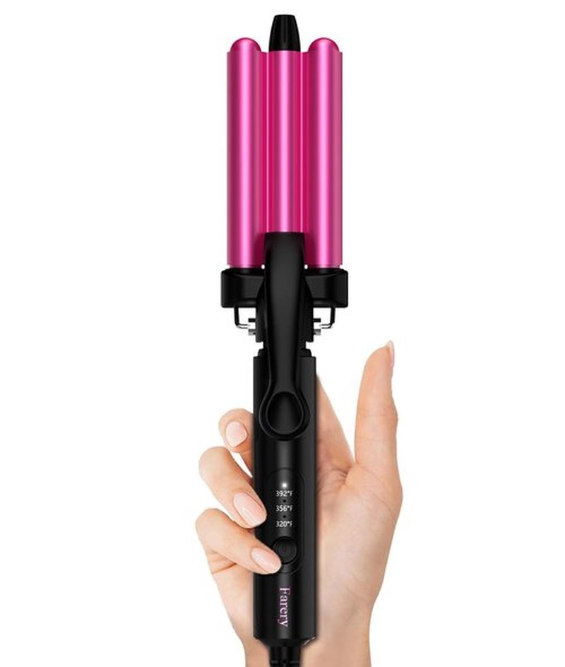 FARERY Mini Hair Crimper Hair Waver 3 Temperature Adjustable, 3 Barrel Curling Iron for Short Hair, Hair Crimper for Women Beach Waves, Crimper Hair Tool 1/2 Inch Travel Size, Dual Voltage, Pouch Bag