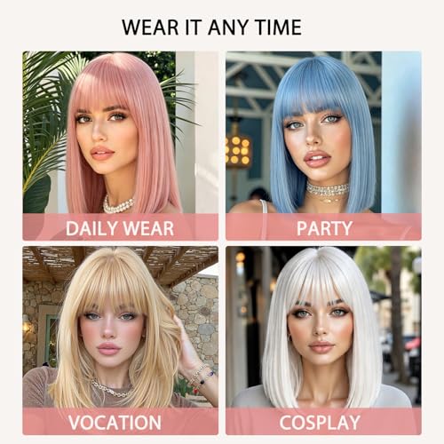 Pink Short Straight Synthetic Wig with Bangs - 14 Inch Bob Hair for Women, Cosplay & Daily Wear - Usweety