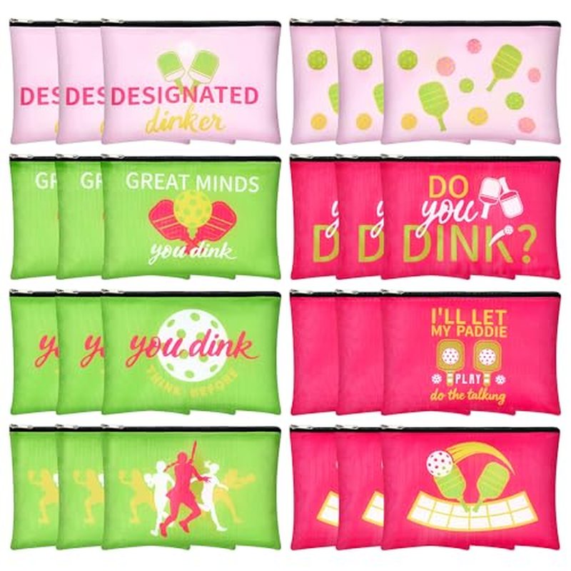 24 Pcs Pickleball Makeup Bags Bulk Pickleball Gifts for Women, Dink Ball Sport Cosmetic Pouch Bag Party Favors Supplies, Pickle Ball Accessories Travel Organizer Zipper Pouch Sport Lovers Gifts (Pink)