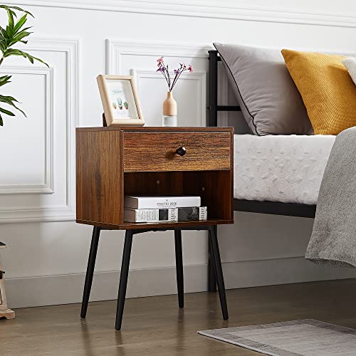 Set of 2 Rustic Brown Mid Century Nightstands with Storage Drawers & Open Shelves