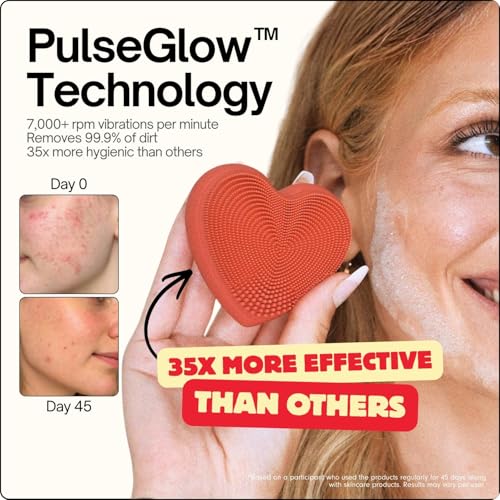Heart Face Clean Pro? - Electric Silicone Facial Scrubber for Acne with 7000+ Sonic Pulses - IPX7 Waterproof Rechargeable Exfoliator with Slip-Free Grip, 3 Speed Settings & Phthalate-Free - Rose
