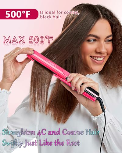 DORISILK 500°F High Temp Ceramic Flat Iron & Curling Iron - Hot Pink, 1 Inch, Dual Voltage