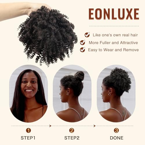 EonLuxe 04/10 Inch Dark Brown Afro Puff Drawstring Ponytail Extension for Black Women, Kinky Curly Synthetic Hair, Fluffy Protective Style