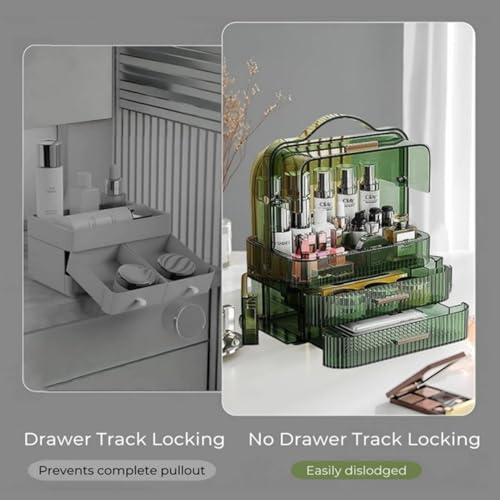 Green Portable Makeup Organizer Box with Drawers & Transparent Lid