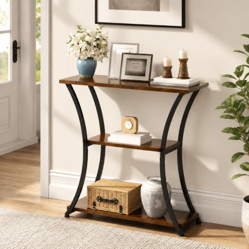 Rustic Brown 3-Tier Console Table with Open Shelves - Narrow Entryway Sofa Foyer