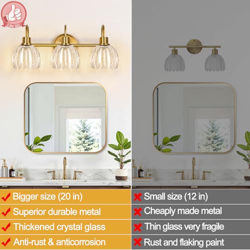 3-Light Bathroom Vanity Light Fixture - Brushed Gold Tulip Glass Shade, Wall-Mounted, Dimmable
