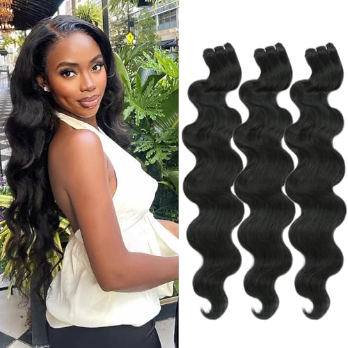 Goodear 24 Inch Black Synthetic Body Wave Hair Extensions - Pack of 3, 100g Each, 1B#