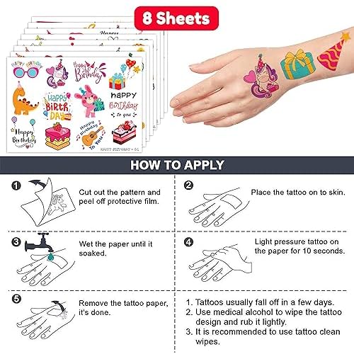 Happy Birthday Temporary Tattoos - 96 PCS Fun Cute Cartoon Themed Stickers for Kids Birthday Party Supplies Decorations Favors and Prizes - Cute Gifts for kids & teens Gifts Teacher Classroom School