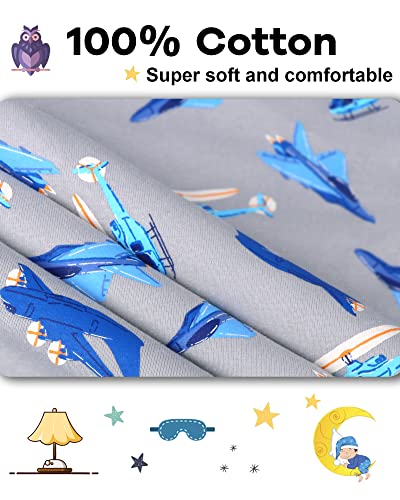 Children's Boys Pajama Set 4 Pieces Long Sleeve Cotton Sleepwear - Blue Grey Airplane Variation 2T