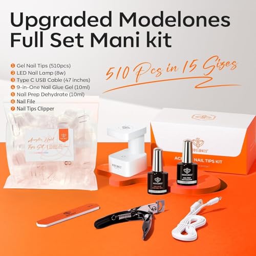 modelones Gel Nail Kit Almond, Upgrade 15Sizes Fake Nails, 9-in-One Glue Dehydrator & Mini U V Light Clipper, 510Pcs Medium Almond Press on Tips for Extension DIY Salon Home Gift (Pack of 2)