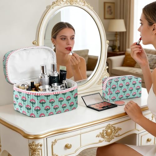 Pink Ice Green Floral Quilted Makeup Bag Set - Travel Cosmetic Bags for Women & Girls