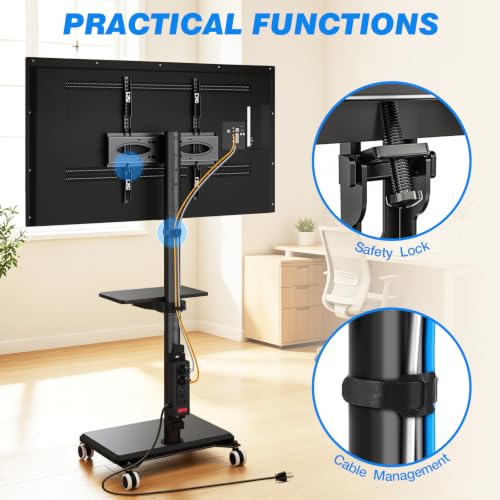 Rfiver Black Rolling TV Stand for 32-65 Inch TVs with Power Outlet & Swivel