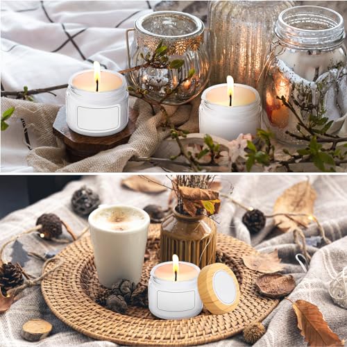 Layhit 48 Pcs 50 ml Cosmetic Glass Jars with Lids 1.69 oz Small Jars with Plastic Woodgrain Lids, White Labels and Inner Liners Empty Round Cosmetic Containers for Creams Lotions Powder Candle Making