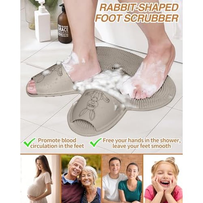 Manmihealth Upgrade Shower Foot Scrubber Mat with Non-Slip Suction Cups, Rabbit-Shaped Silicone Foot Scrubber in Shower for Men & Women (Khaki)