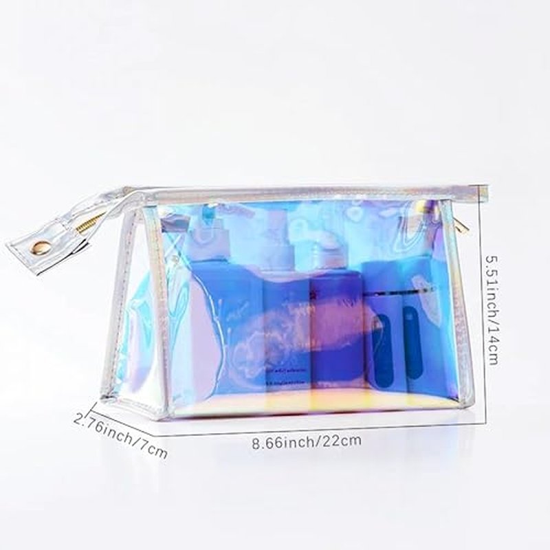 4 Pcs Holographic Makeup Bags Bulk, Small Iridescent Pouch Portable Toiletry Cosmetic Bag with Zipper, Travel Makeup Brush Holder Organizer Bag case (Blue)