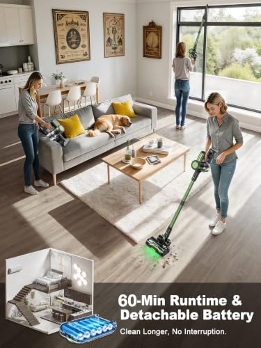 Cordless Vacuum Cleaner 58KPa Suction 60Min Runtime Self-Standing Stick Vacuum - Green
